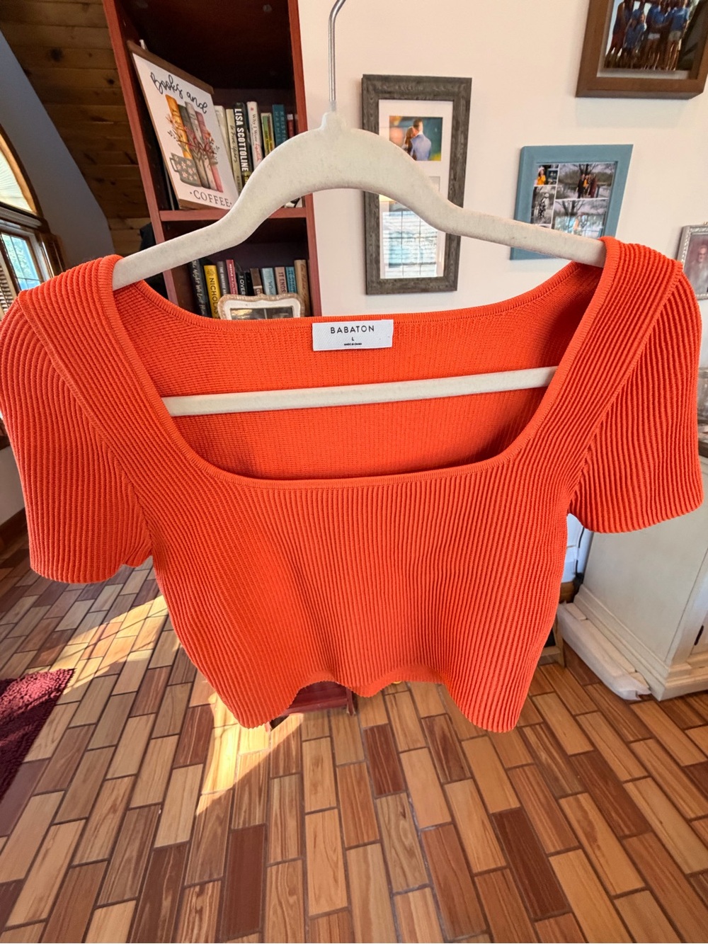 Babaton Orange Ribbed Square Neck Crop Top